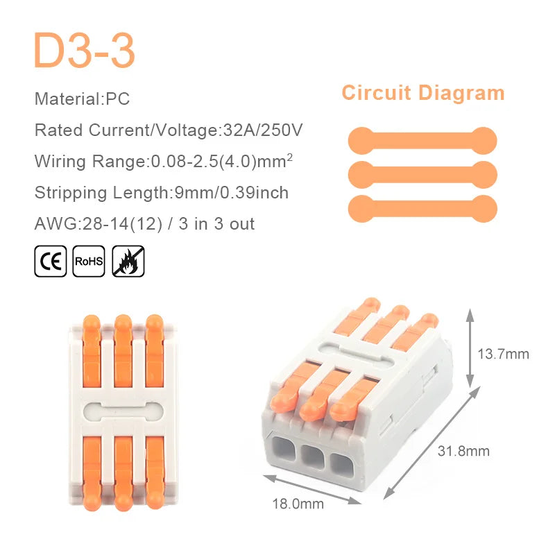 10PCS Universal Compact Wire Connector Splitter Quick Electrical Cable Splice Terminal Block for 28-12AWG Small Wiring Connector