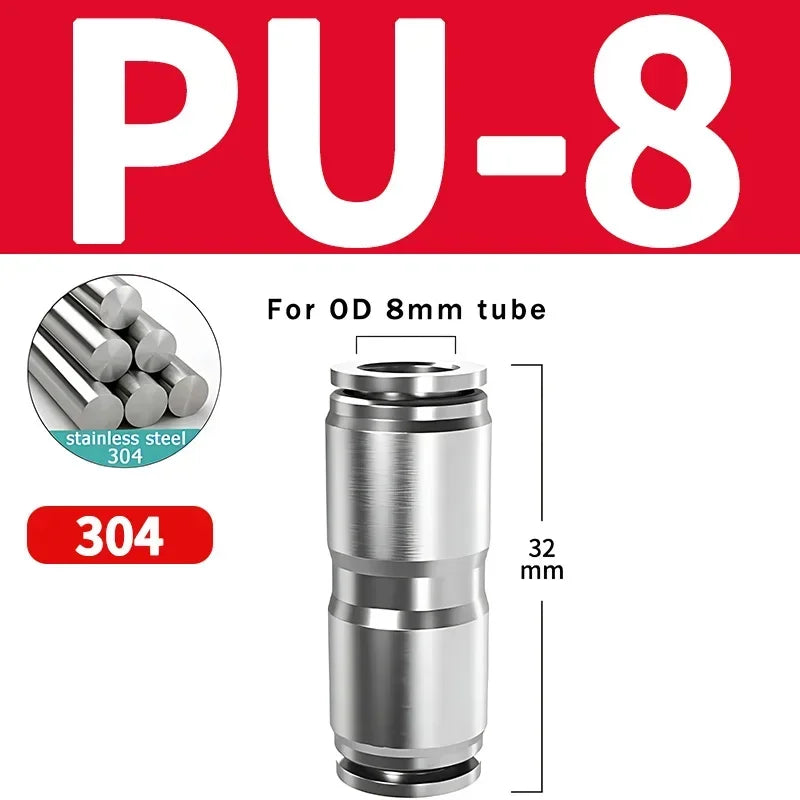 304 Stainless Steel Pneumatic Quick Connect Fitting PG PU 4/6/8/10mm Air Compressor Gas Pipe Hydraulic Plug-In