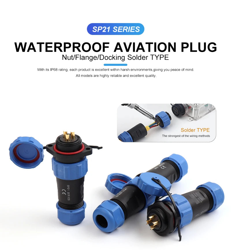 SP21 Nut Flange Docking Waterproof Aviation Connectors 2/3/4/5/7/9/12 Pins Panel Mount Cable Wire IP68 Male Female Plug Socket