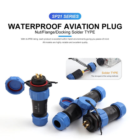 SP21 Nut Flange Docking Waterproof Aviation Connectors 2/3/4/5/7/9/12 Pins Panel Mount Cable Wire IP68 Male Female Plug Socket