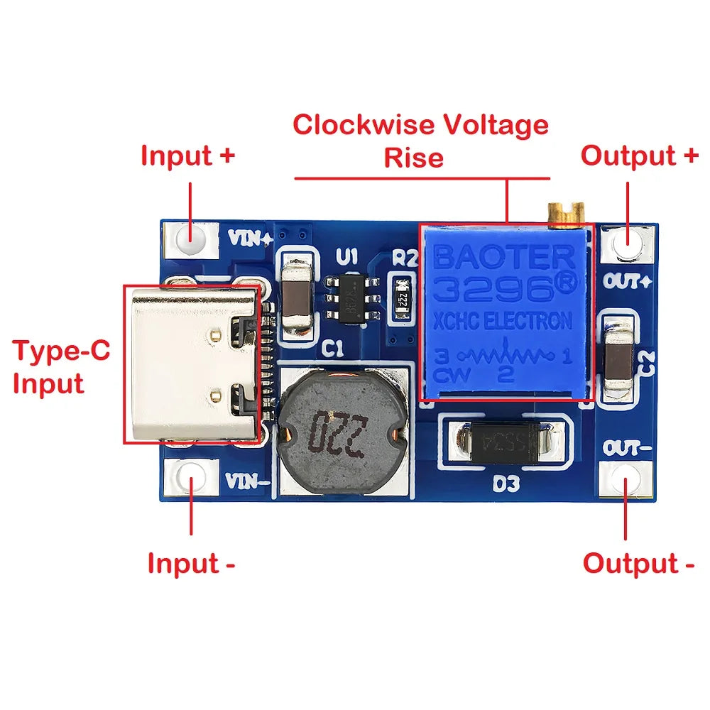 MT3608 DC-DC Adjustable Step-Up Boost Module 2A Type-C/Micro USB 2-24V to 5V/9V/12V/28V
