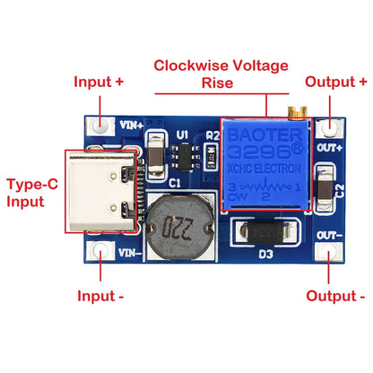 MT3608 DC-DC Adjustable Step-Up Boost Module 2A Type-C/Micro USB 2-24V to 5V/9V/12V/28V