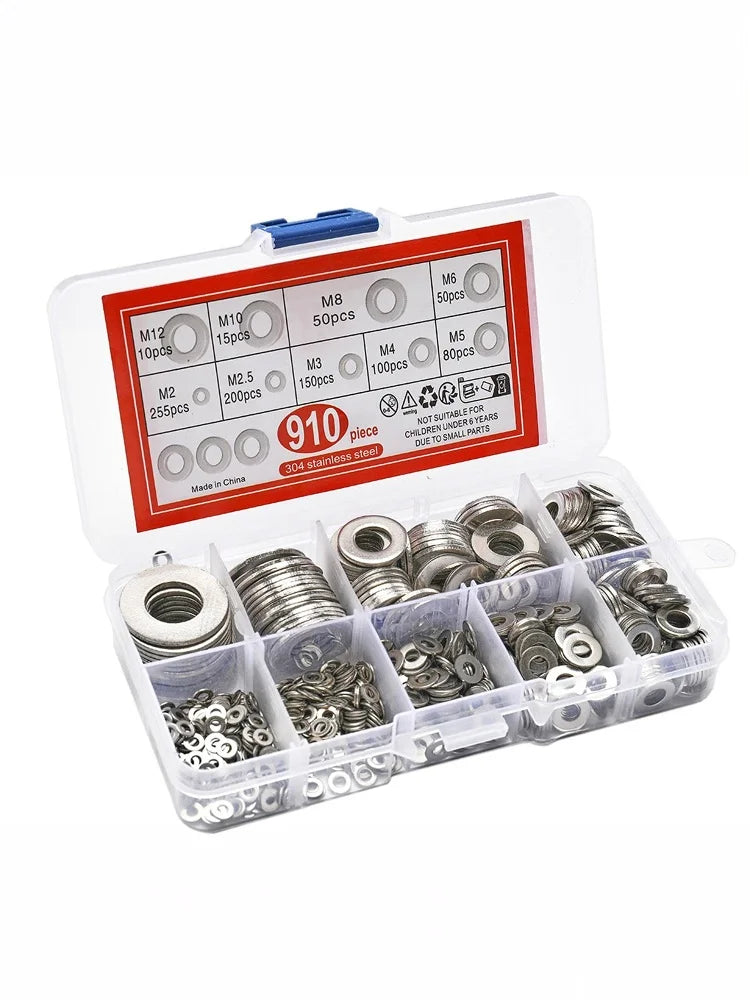 304 Stainless Steel Flat Washers Assortment Kit 910/200pcs — M2 M2.5 M3 M4 M5 M6 M8 M10 M12