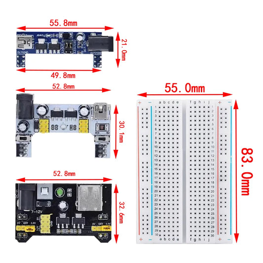 MB102 Breadboard Power Module with 400-Point Solderless Prototype Board and Jumper Wires for Arduino
