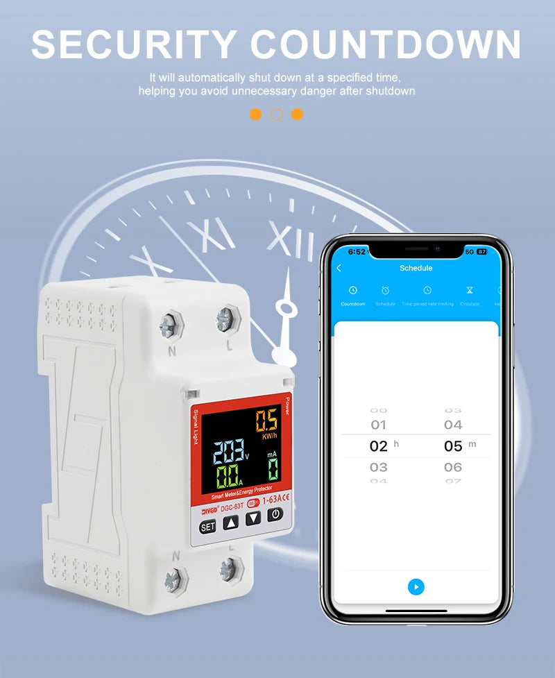 2P WiFi Smart Circuit Breaker DGC-63T, Remote Control 1-63A Adjustable Switch, Timer, Voltage, Current, Temperature, Leakage Protection