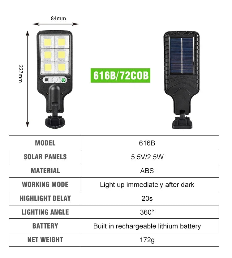 Outdoor LED Solar Light 72COB Motion Sensor Solor Wall Lamp with Remote Control 3 Modes for Garden Patio Yard Garage Lighting