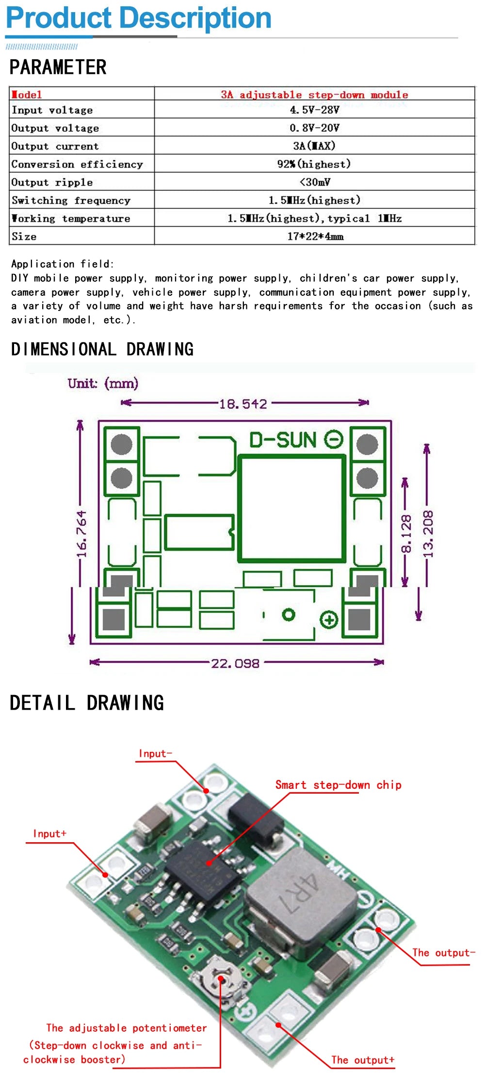 2PCS Adjustable MP1584EN DC-DC Step-Down Power Module 3A Output 3V/5V/9V/12V