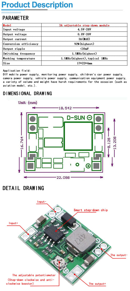 2PCS Adjustable DC-DC Step-Down Power Module MP1584EN 3A 12V/9V/5V/3V Output