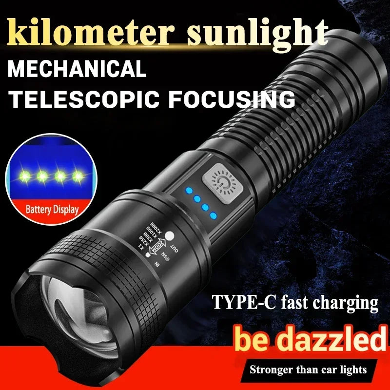 High Power Flashlight Strong Light Long Range LED Flash Light USB Rechargeable Telescopic Zoom Outdoor Camping Riding Lantern