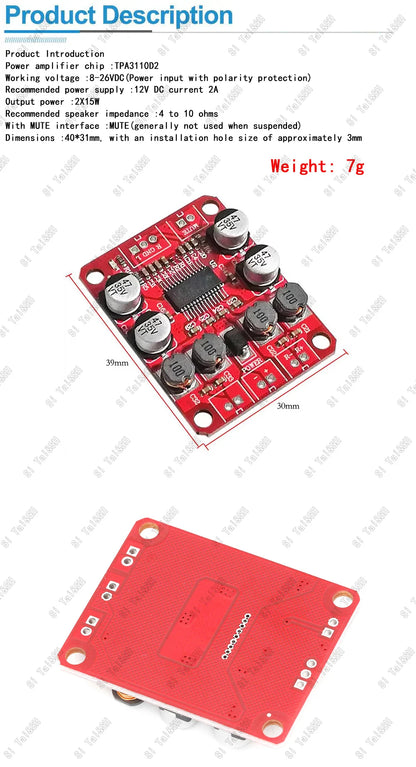 Bluetooth 4.2 TPA3110 Dual Channel 15W/30W Stereo Audio Amplifier Board for USB Portable and Car Speakers