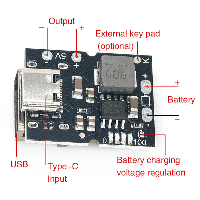 Type-C / Micro USB 5V Boost Power Module — 1A/2A/3.1A, Li-ion Protection, LED Indicator