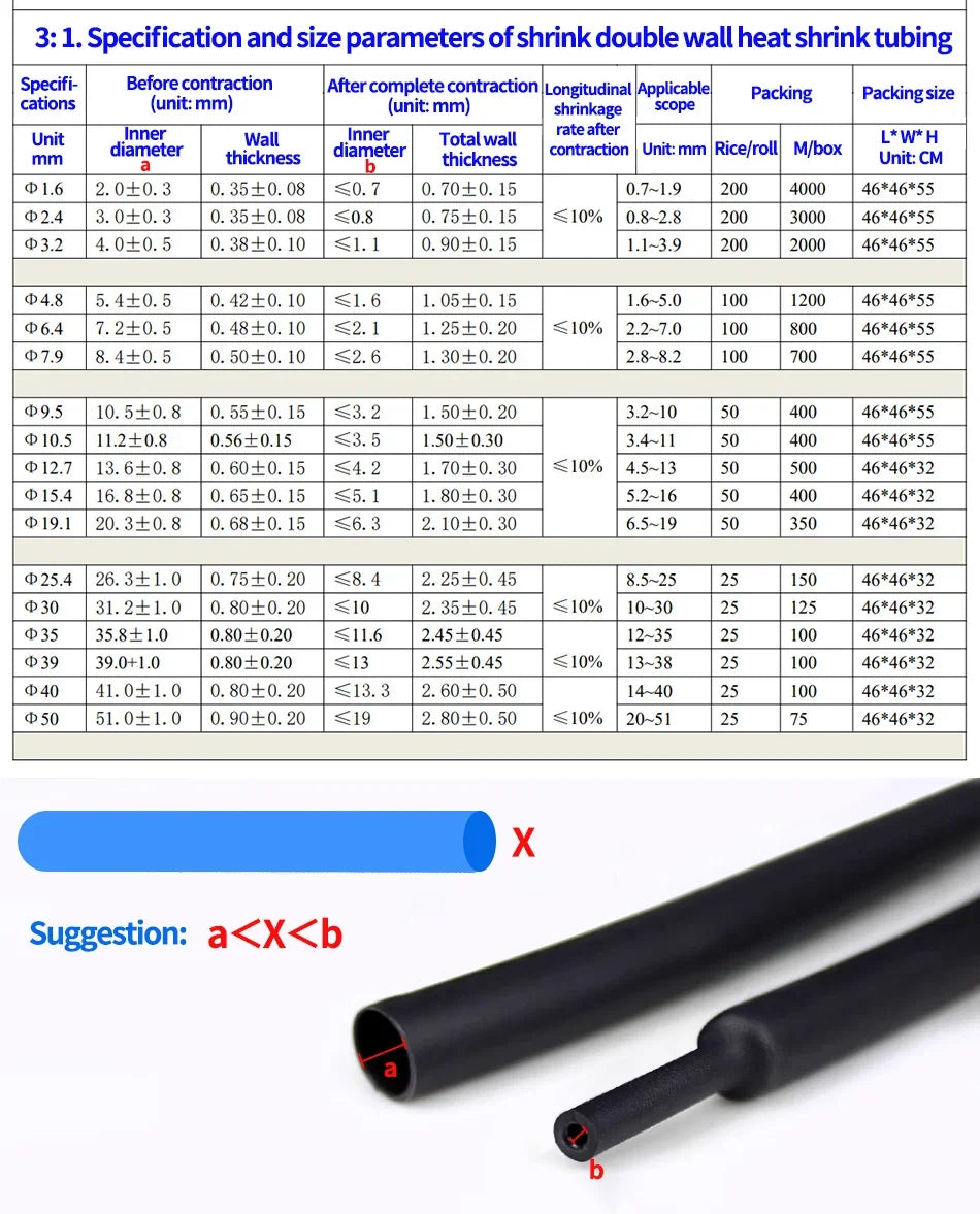 3:1 Dual Wall Heat Shrink Tubing 10M-200M Adhesive Lined Waterproof Wire Cable Sleeve