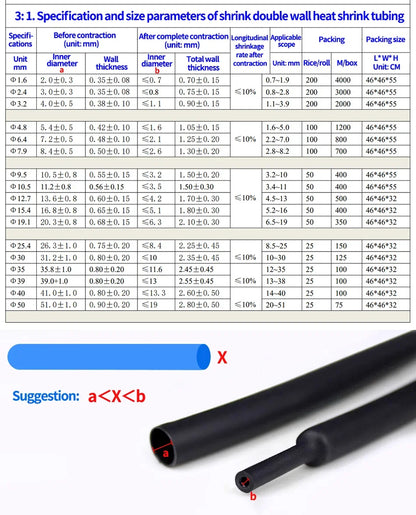 3:1 Dual Wall Heat Shrink Tubing 10M-200M Adhesive Lined Waterproof Wire Cable Sleeve