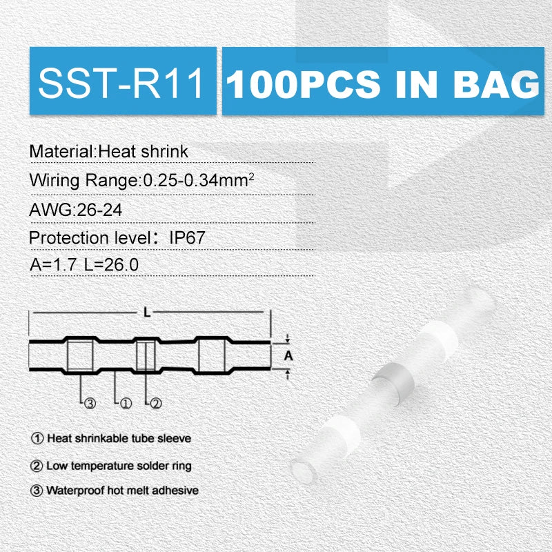 100pcs Heat Shrink Wire Connectors Red AWG 22-18 Butt Electrical Connectors Tinned Solder Sealed Terminals