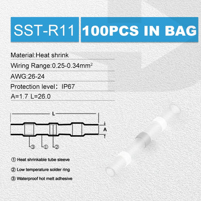 100pcs Heat Shrink Wire Connectors Red AWG 22-18 Butt Electrical Connectors Tinned Solder Sealed Terminals