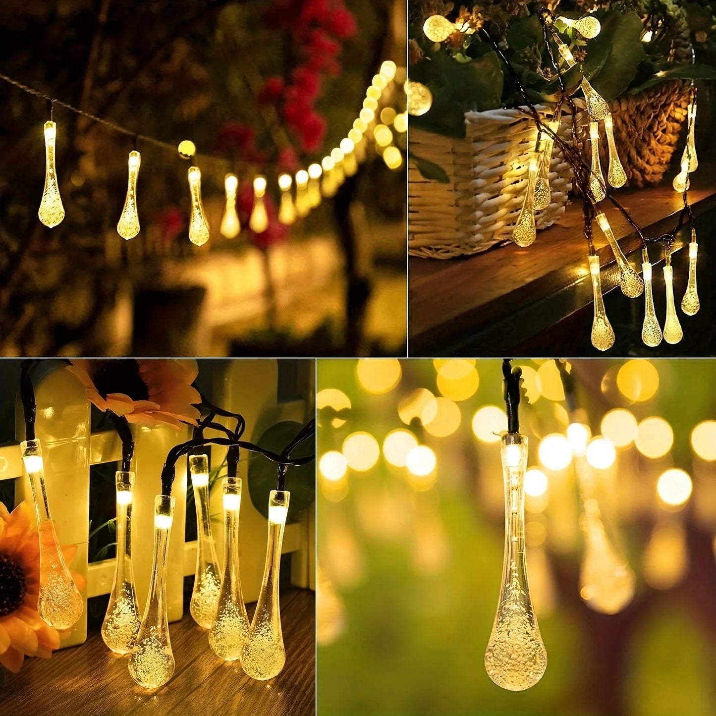 Christmas Outdoor Solar Powered String Lights 20/30/50 LED Water Drop Lights for Wedding Party Birthday Garden Camping