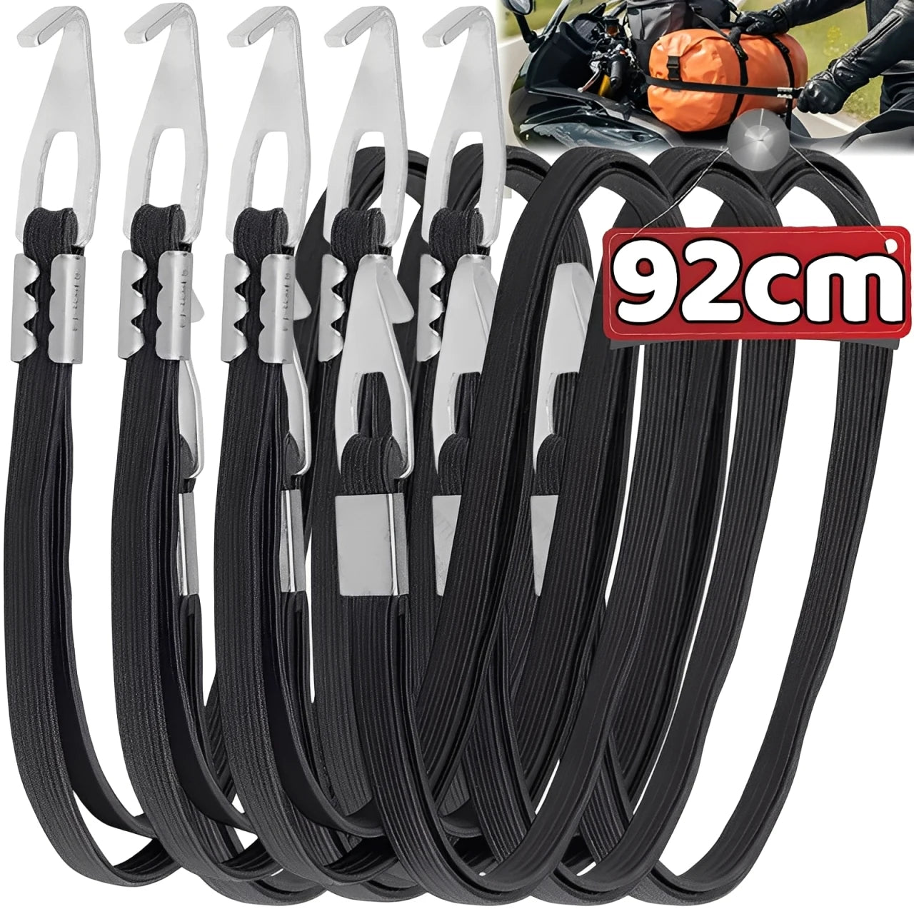 Motorcycle Luggage Strap with Aluminum Hooks Adjustable Flat Bungee Cord for Helmet Saddlebag Tie Down Elastic Cargo Rope 92cm