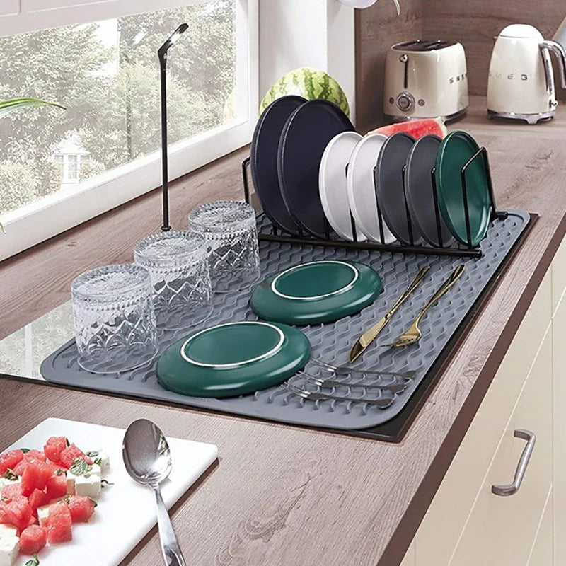 Silicone Dish Drying Mats — Heat Resistant Trivet, Drip Tray &amp; Cup Coasters, Non-Slip Pot Holder for Kitchen