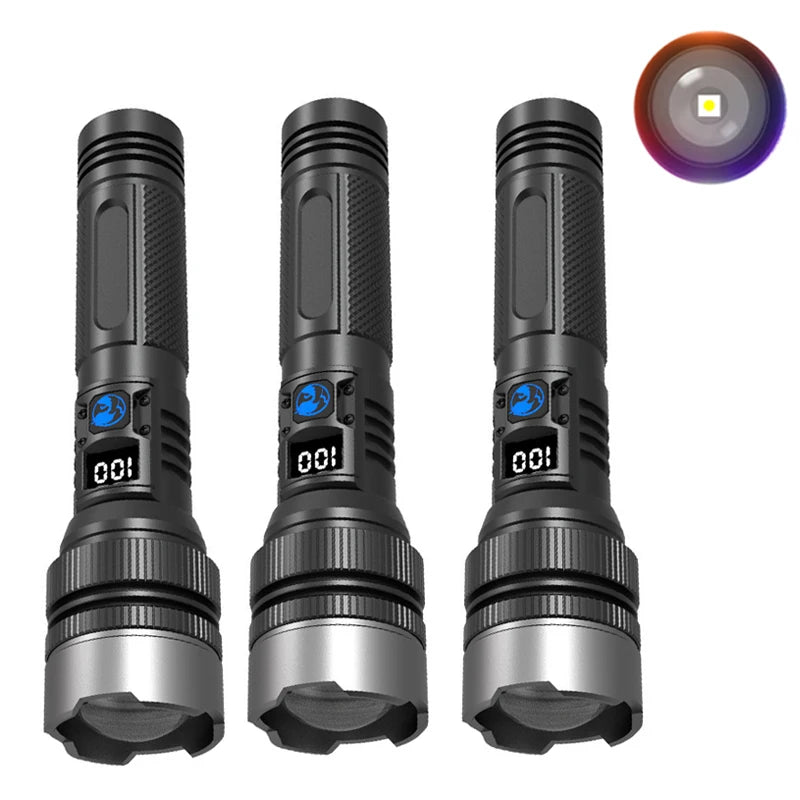 Powerful LED Flashlight Type-c Rechargeable Telescopic Zoom Torch Electric Display High Brightness Waterproof Lighting Torch