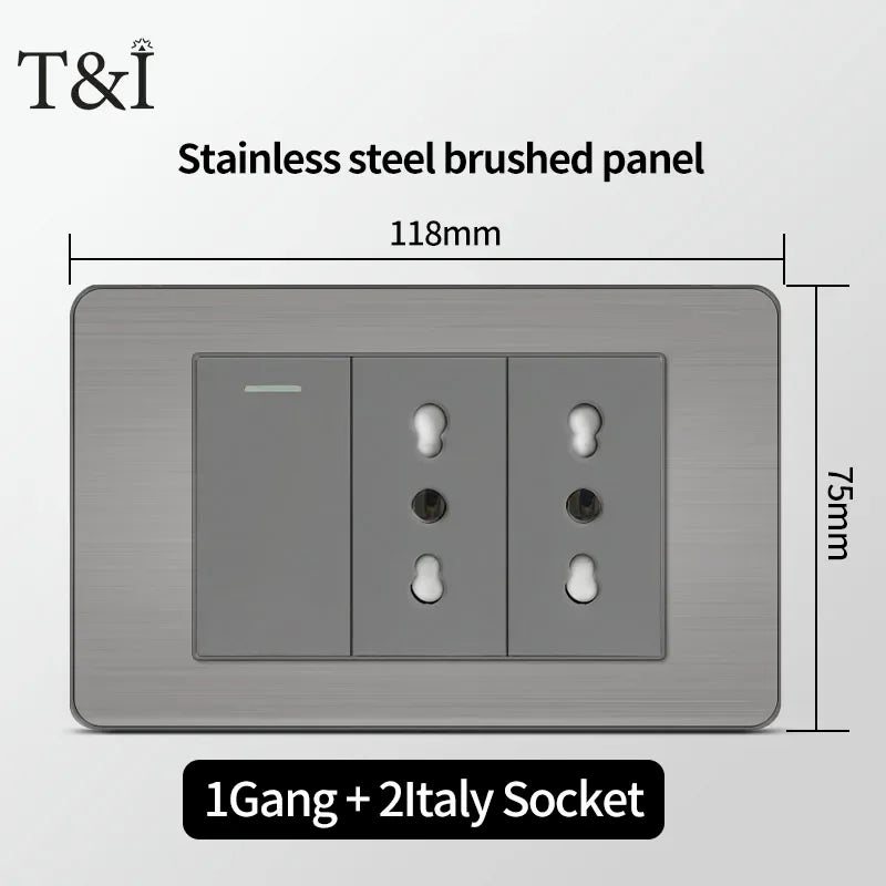 Stainless Steel Wall Socket 118x75mm Italian-Style with USB-C Schuko Chilean Plug Brushed Finish for Home Office