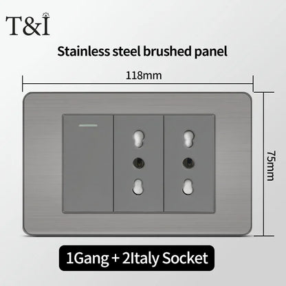 Stainless Steel Wall Socket 118x75mm Italian-Style with USB-C Schuko Chilean Plug Brushed Finish for Home Office