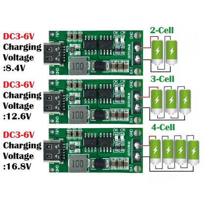 Multi-Cell 2S-4S Type-C Boost Charger Step-Up Module for 7.4V-16.8V LiPo and Li-Ion 18650 Batteries