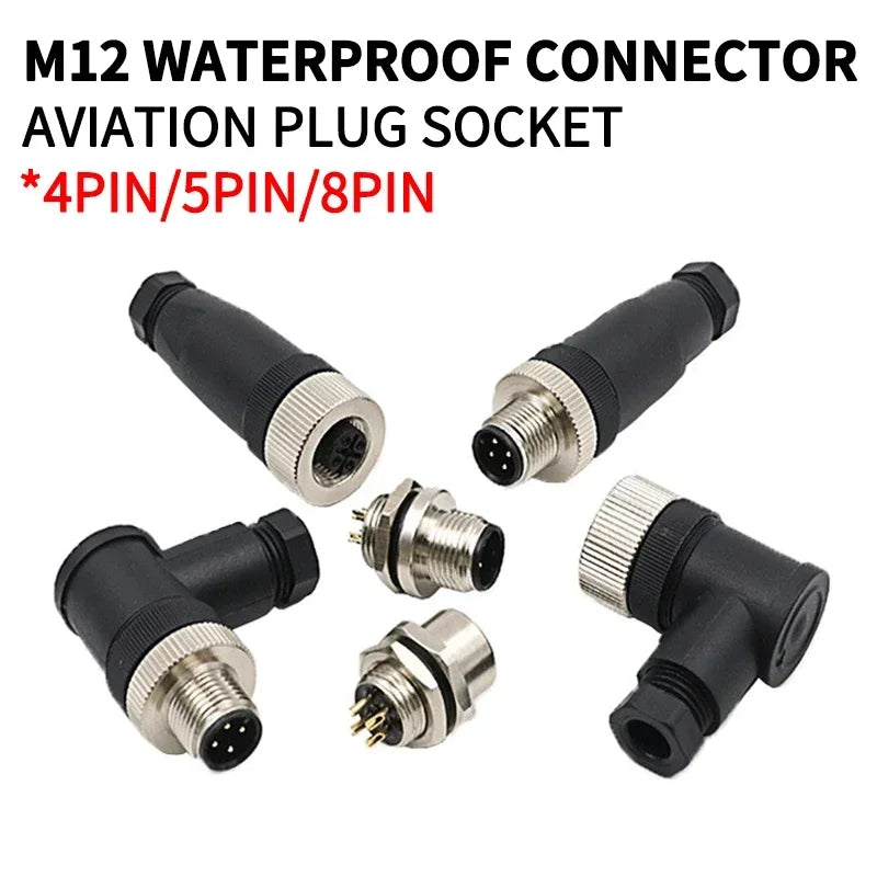 M12 12mm Sensor Connector Straight Angle Male Female Waterproof Screw Threaded Plug Coupling 4 5 8 Pin PG7