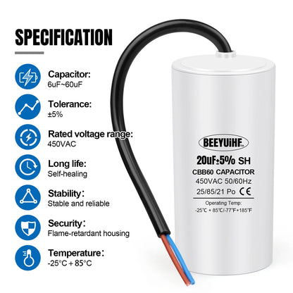 CBB60 Motor Start Capacitor 3µF–80µF 450VAC 50/60Hz with Cable