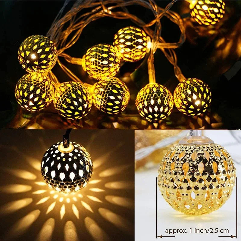 2026 Solar LED String Lights Outdoor Moroccan Iron Ball Lamp Silver Round Art Decor for Garden Patio
