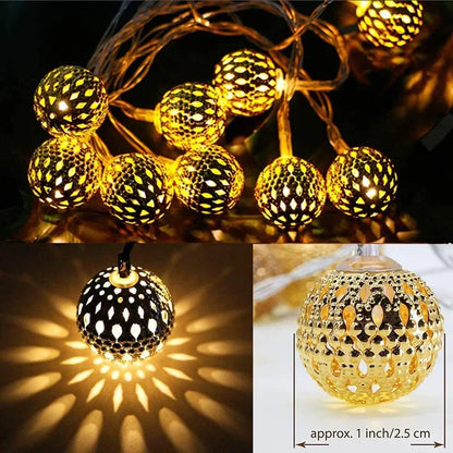 2026 New Solar LED String Lights Outdoor Moroccan Iron Ball Lamp, Silver Round Art Decor for Garden Patio