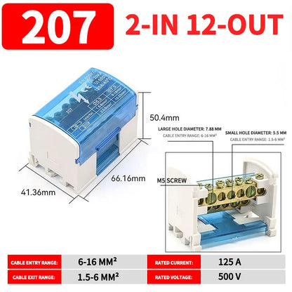 UK207 UK211 UK215 UK407 UK411 UK415 DIN Rail Terminal Block 125A Electrical Distribution Junction Box 1 In 2 4 6 Out