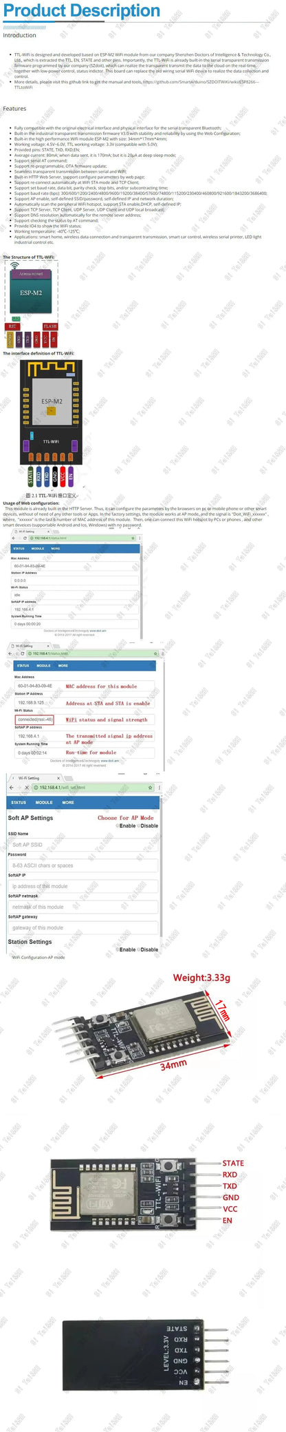 DT-06 WiFi Serial TTL Module – Transparent Transmission, Bluetooth HC-06 Compatible, ESP-M2