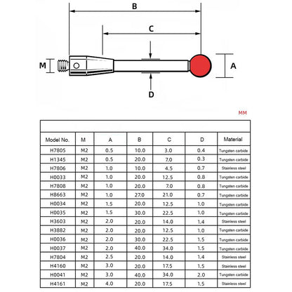 M2 Ball Cmm Stylus Thread CNC Measuring Probe Stylus Point Contact H7805/H1345/H7806/H0033/H7808/H8663/H0034/H0035 CMM Probe