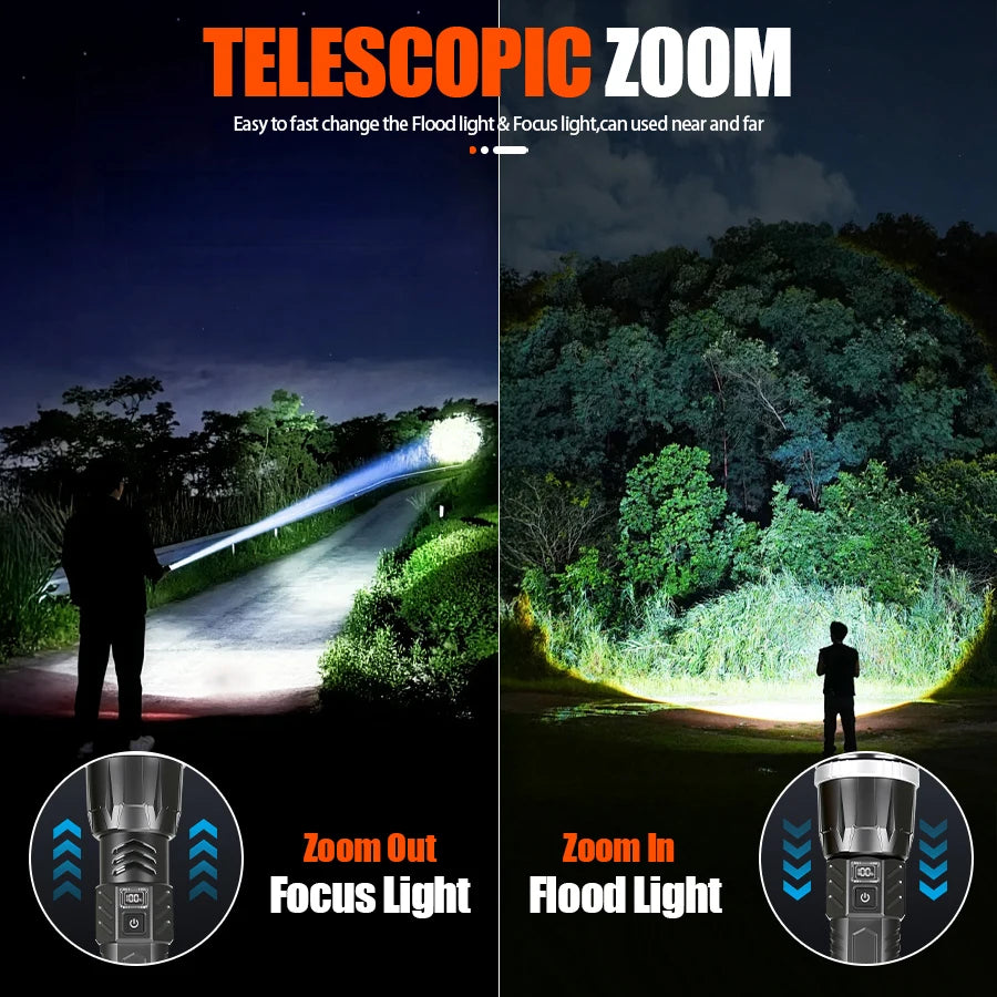 Rechargeable LED Flashlight Powerful Torch with Side Light Power Bank Zoom Emergency Lamp Outdoor Strong Light Camping Lantern