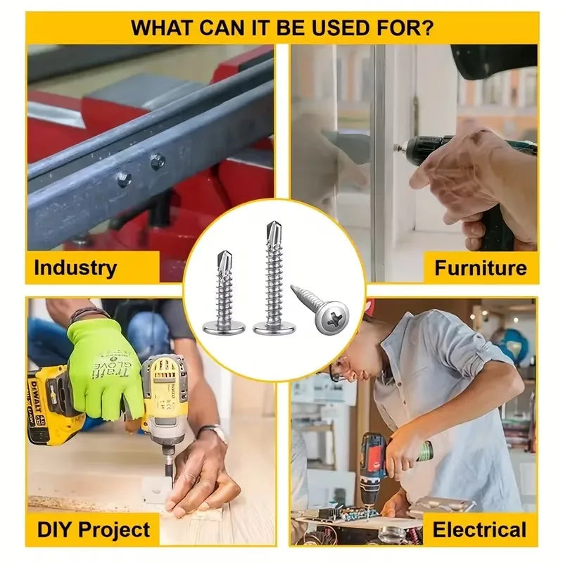 200x Stainless Steel Self-tapping Screws Round Washer Flat Head Cross Phillips Self Drilling Screw Fastener for Wood Sheet Metal