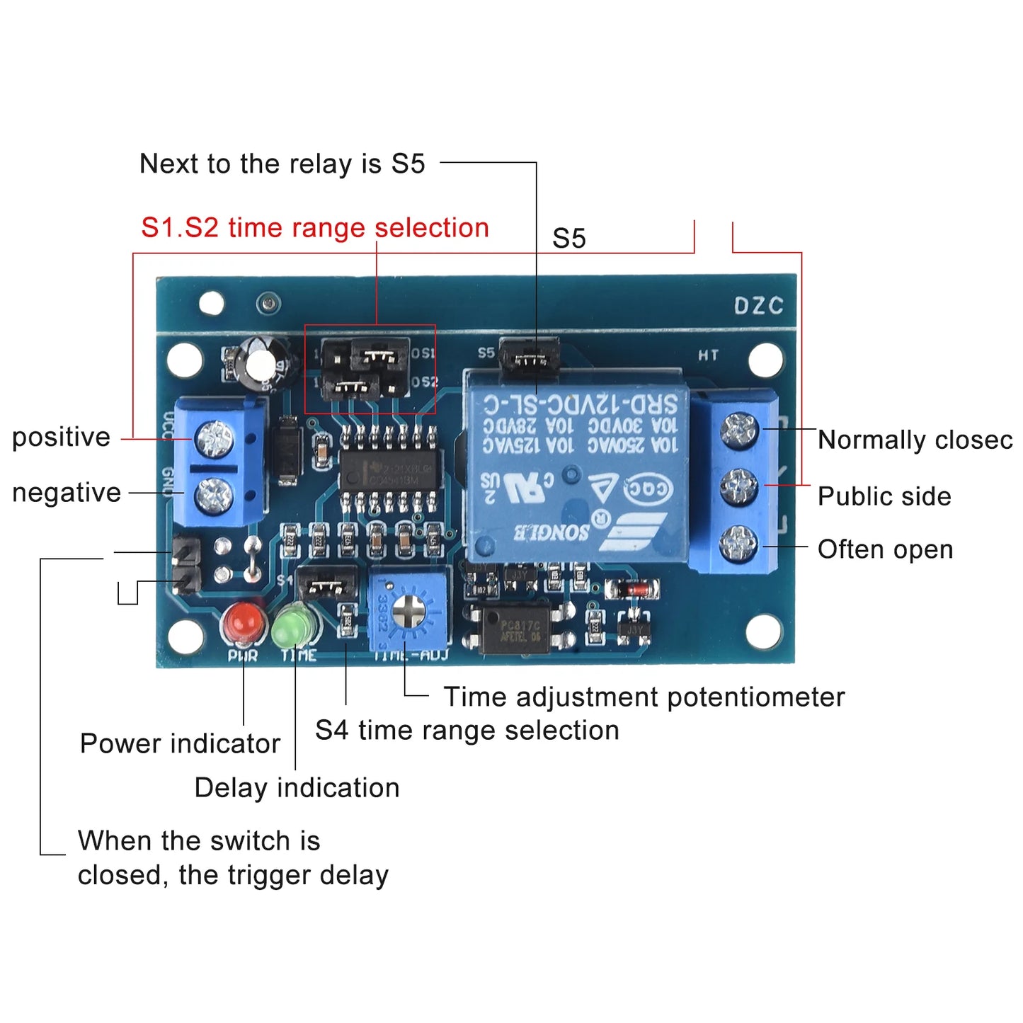 Normally Open 12V Time Delay Relay Module with Adjustable Timing for Turn On/Turn Off Switch Suitable for 250V AC Load