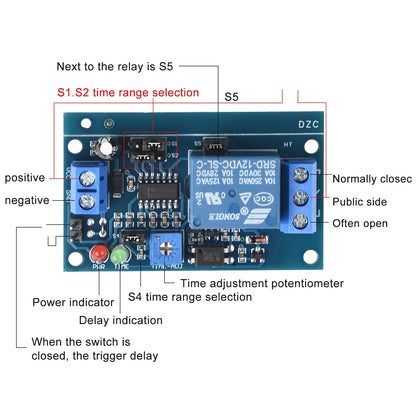 Normally Open 12V Time Delay Relay Module with Adjustable Timing for Turn On/Turn Off Switch Suitable for 250V AC Load
