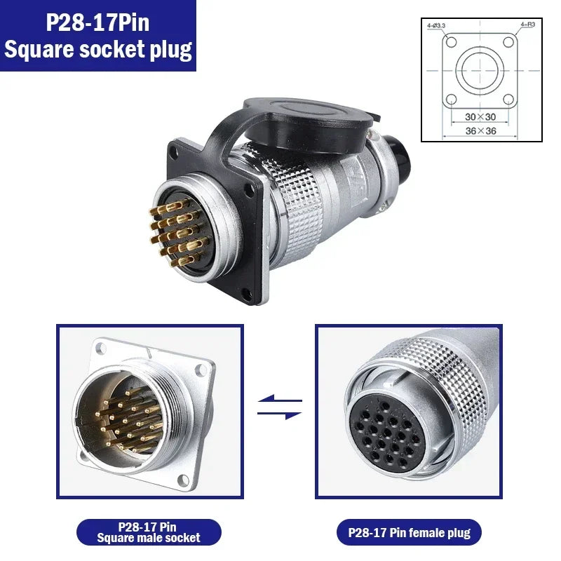 P28 Aviation Connector Square Flange Socket Male Female Circular Butt Joint 2/3/4/5/7/10/12/14/16/19/20/24 Pin P28K2Q PLS28
