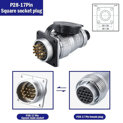 P28 Aviation Connector Square Flange Socket Male Female Circular Butt Joint 2/3/4/5/7/10/12/14/16/19/20/24 Pin P28K2Q PLS28
