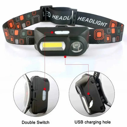 Powerful Portable XPE+COB Headlamp LED Head Flashlight Type-C Rechargeable Outdoor Waterproof Fishing Camping Hiking Headlight