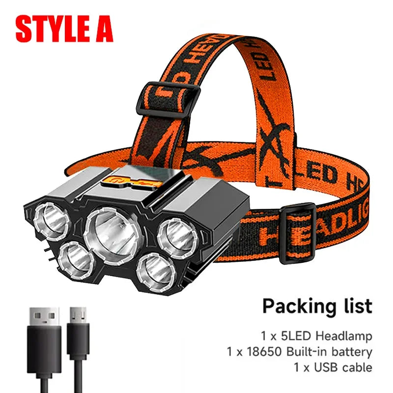 5 LED Rechargeable Headlamp with 18650 Battery Strong Light Headlight