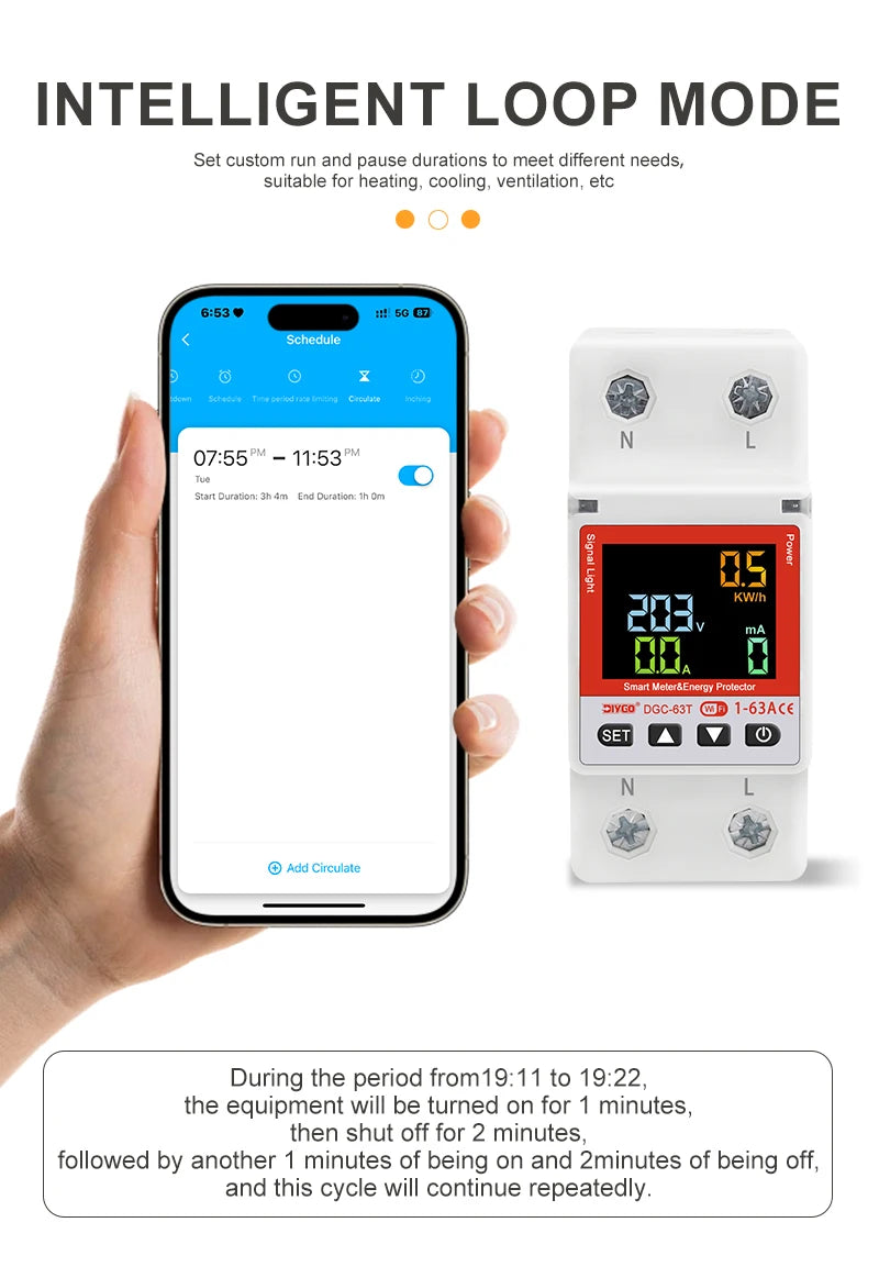 2P WiFi Smart Circuit Breaker DGC-63T, Remote Control 1-63A Adjustable Switch, Timer, Voltage, Current, Temperature, Leakage Protection