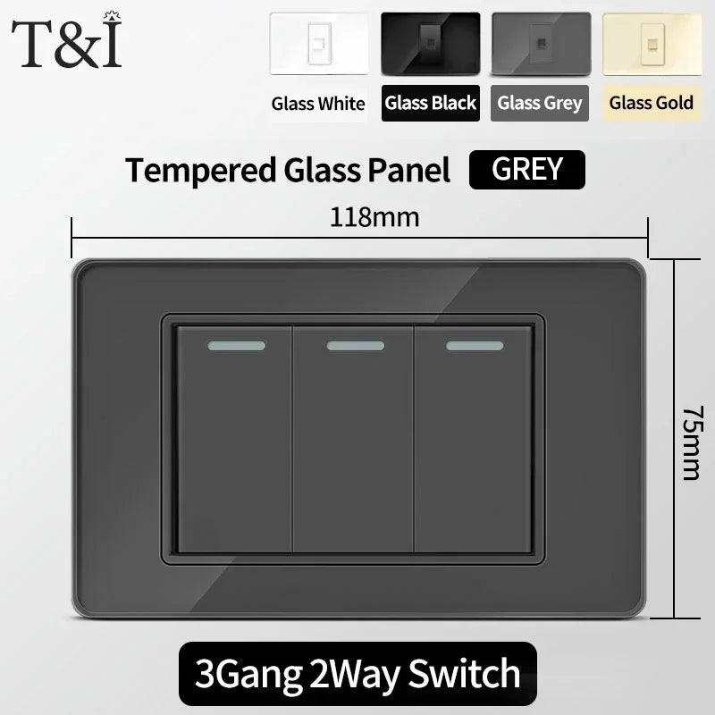 T&I Wall Switch Socket with USB-C Fast Charging Italy & Chile Schuko Outlet Tempered Glass Panel