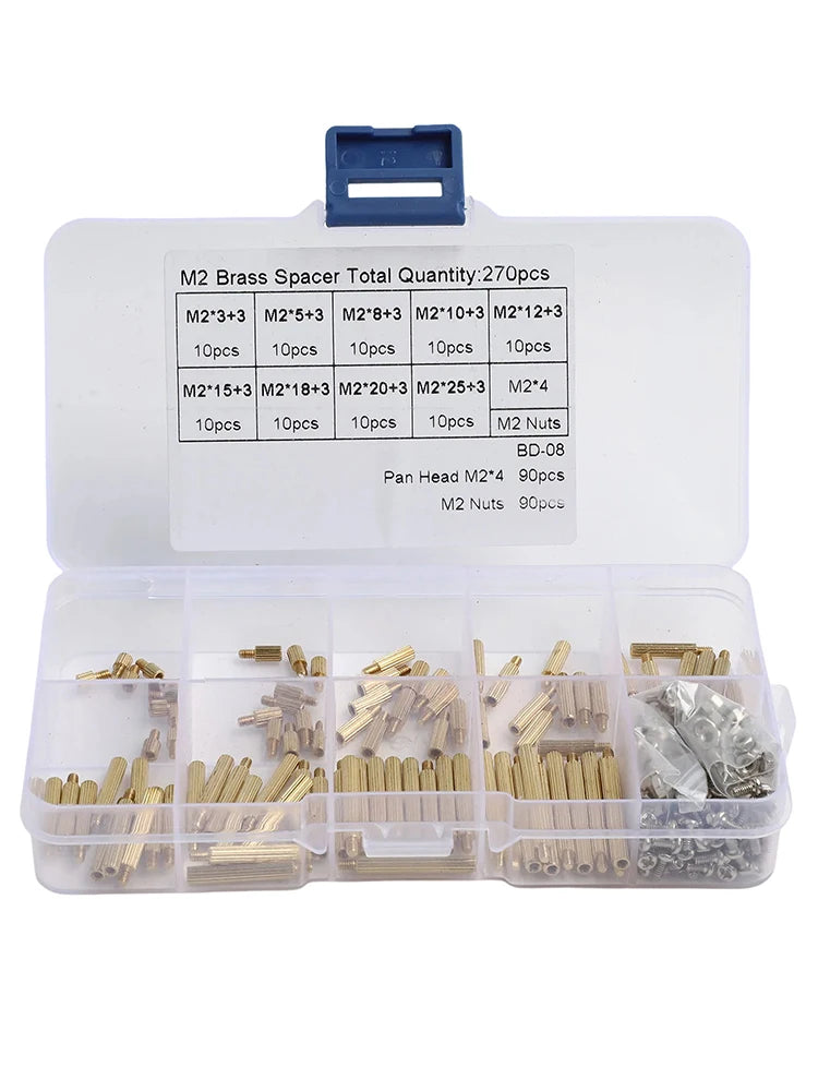 M2 Spacer Assortment Screw &amp; Nut Set 270pcs — Clear Storage Box for Electronics Assembly