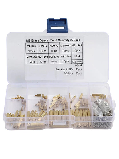 M2 Spacer Assortment Screw &amp; Nut Set 270pcs — Clear Storage Box for Electronics Assembly