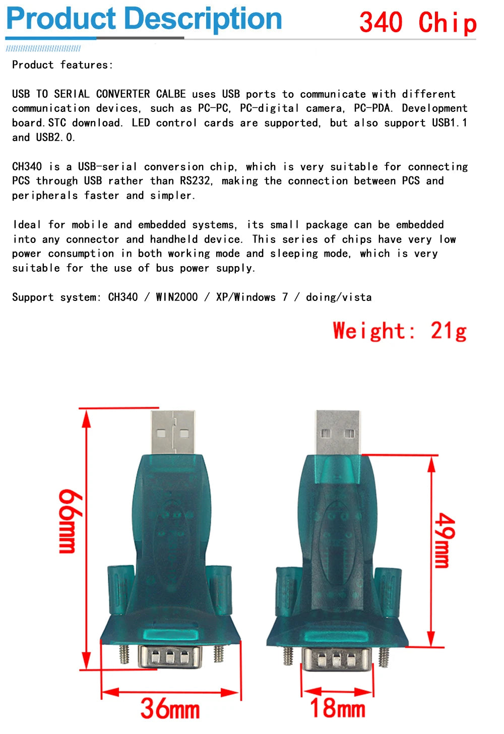 HL-340 USB to RS232 Serial Adapter DB9 Cable for Windows 7 64-bit