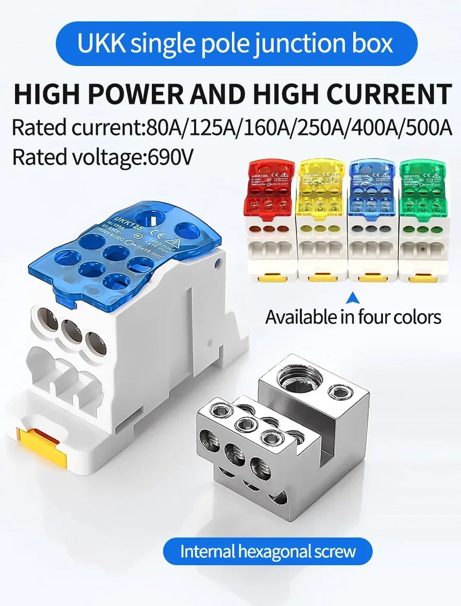 Din Rail Distribution Junction Box One in Seven Out Power Wire Electric Connector Terminal Block UKK 80A 125A 160A 250A 400A