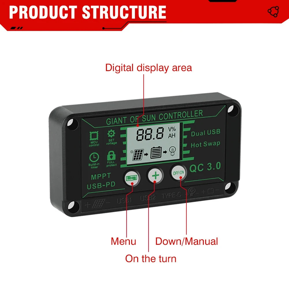Digital Display Waterproof MPPT Solar Charge Controller Adjustable Current Options 10A 100A Efficient Energy Utilization