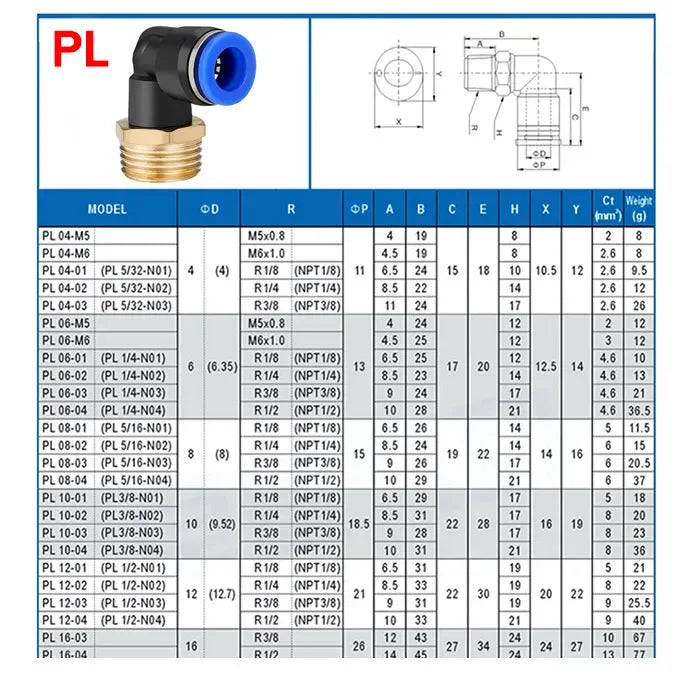 PL 4-12mm Pneumatic Elbow Quick Connector with 1/8-1/2 Thread PL Series Air Hose Fittings for Industrial PL6/8/10