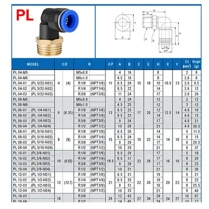 PL 4-12mm Pneumatic Elbow Quick Connector with 1/8-1/2 Thread PL Series Air Hose Fittings for Industrial PL6/8/10